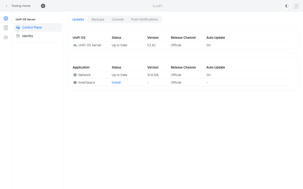 Updates page showing UniFi OS Server and Network versions